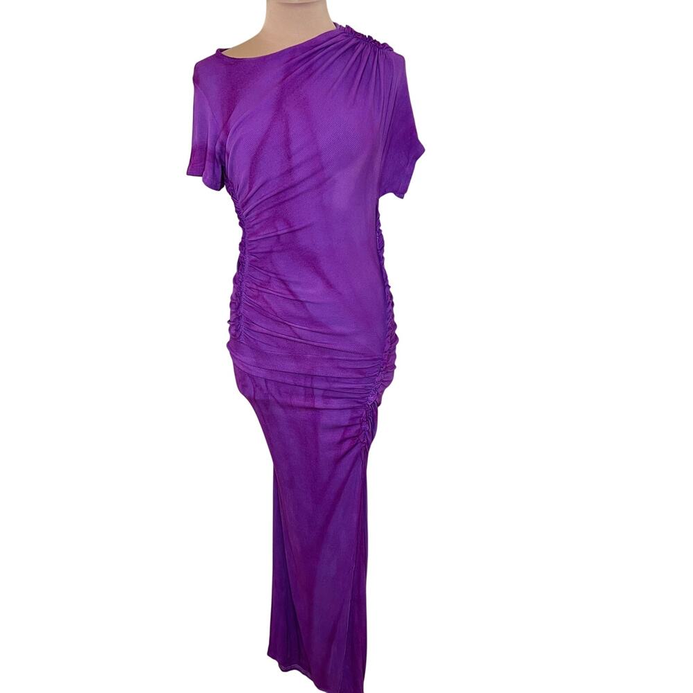 Atlein Ruched Rib Sheath Dress XS Womens Purple Bodycon Designer Maxi Cotton